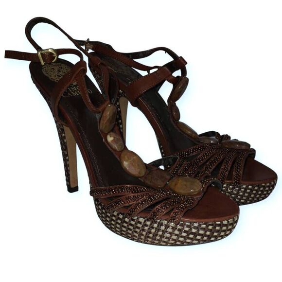 VINCE CAMUTO MINKA NAVAJO BROWN PLATFORM HEELS SZ.7.5 GUC. - Picture 1 of 9